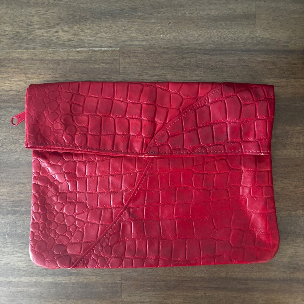 Vintage Red Leather Hide Envelope Clutch w/ Zipper Compartment and Large Pocket
